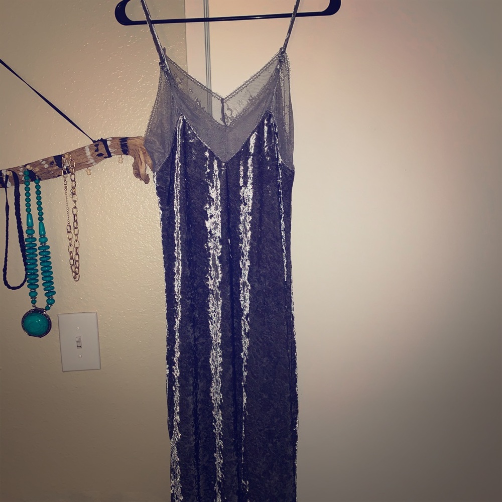 Grey Crushed Velvet Dress with Lace Detail